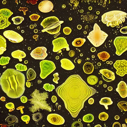 Image similar to macroscopic pond life including green algae, diatoms, dinoflagellates, protozoa, and amoeba. some rotifers. professional macroscopic photography. 8 k. studio lighting.