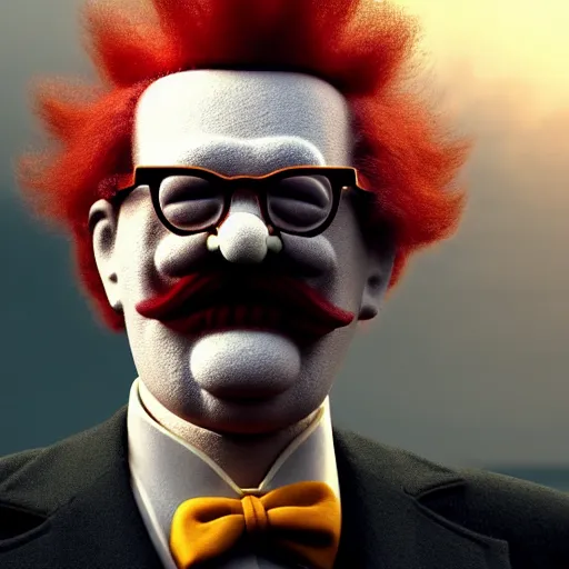 Image similar to Ronald McDonald and Colonel Sanders morphed into one person, hybrid, natural volumetric lighting, sunset, rusted steel, stunning skies, scattered rubbish and debris, 8k, photorealistic, hyper detailed, unreal engine 5, IMAX quality, cinematic quality, beautifully illustrated, sharp focus, minimal artifacts, from DOOM, by Greg Rutkowski, trending on Artstation, award winning