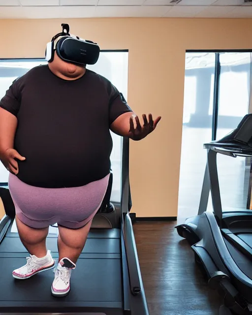 Image similar to Studio Photograph of a real life Super morbidly obese 800 pound American teenager Fat Albert wearing VR goggles while walking on a VR Treadmill in the Style of Annie Leibovitz,