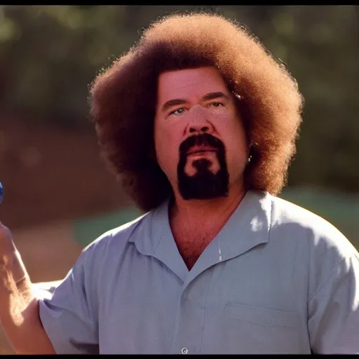 Prompt: a closeup photorealistic photograph of bob ross as kenny powers. baseball. film still. brightly lit scene. this 4 k hd image is trending on artstation, featured on behance, well - rendered, extra crisp, features intricate detail, epic composition and the style of unreal engine.