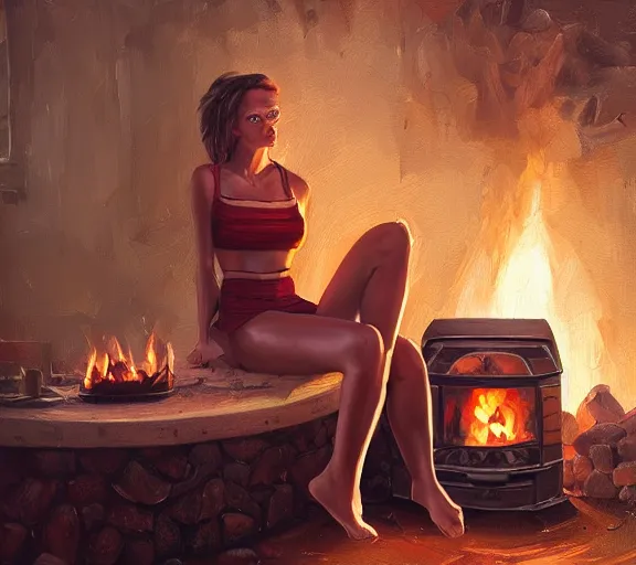 Prompt: beautiful girl in a crop top sitting next to a fireplace, cozy house, cottagecore, detailed face and body, expressive oil painting, by dan mumford, trending on artstation, octane render, close - up face, fish - eye lens