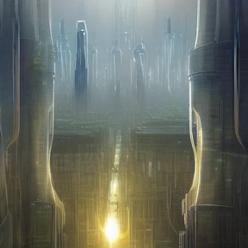 Image similar to a futuristic city scape of vertical organic farms, breeding, growing, cellular structures, epic landscape, endless towering science fiction towers, misty, in the style of john harris