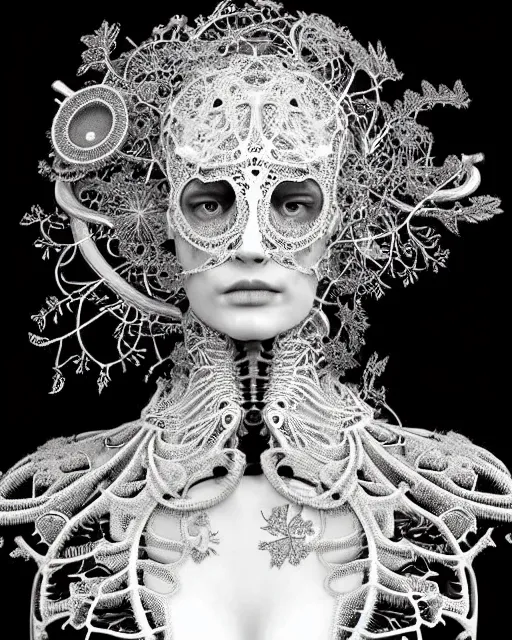 Image similar to surreal black and white photo portrait of complex bio-mechanical beautiful young female vegetal-cyborg with a Mandelbrot fractal steampunk metal fine lace face, a very long neck and a fine metal floral foliage super big lace collar by Alexander McQueen:: high fashion, haute couture, rococo, steampunk, silver filigree details, anatomical, facial muscles, cable wires, microchip, elegant, dreamy, foggy, hyper realistic, 150 mm lens, soft rim light, octane render, unreal engine, picture was taken in 1910 by Dora Maar, volumetric lighting, dramatic light,8k,