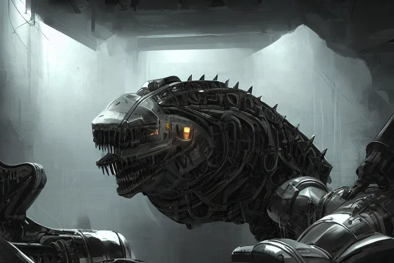 Image similar to robosaurus parallax datacenter server room interior single mono colossus white rusty robot sitting artstation cinematic detailed concept art volumetric light sharp coherent cgsociety symmetric perfect well balanced shadows lotr technogoddess