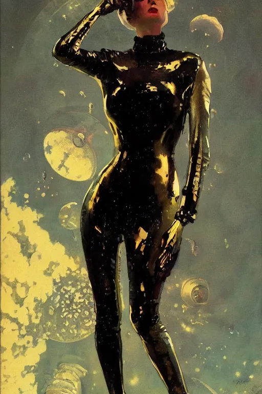 Image similar to pulp scifi fantasy illustration full body portrait of elegant woman wearing latex spacesuit, by norman rockwell, jack kirby, bergey, craig mullins, ruan jia, jeremy mann, tom lovell, 5 0 s, astounding stories, fantasy