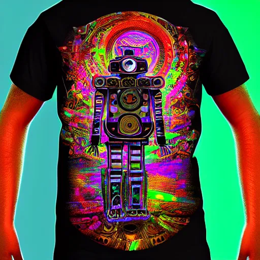 Prompt: mockup of a tshirt with a hyperdetailed portrait of a steampunk robot on lsd, 8 k, symetrical, flourescent colors, trippy mood, multicolored,