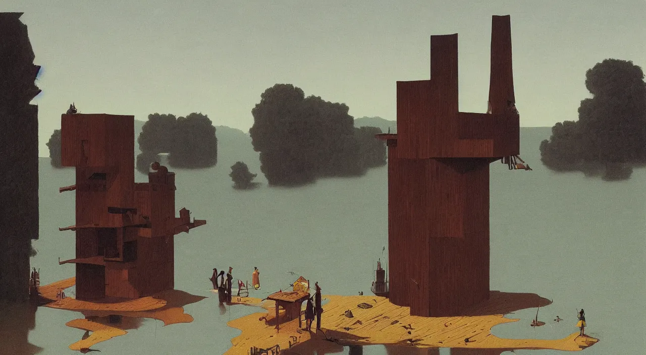 Prompt: single flooded simple wooden meat tower, very coherent and colorful high contrast!! masterpiece by rene magritte simon stalenhag carl spitzweg syd mead norman rockwell edward hopper james gilleard, minimalist, dark shadows, sunny day, hard lighting