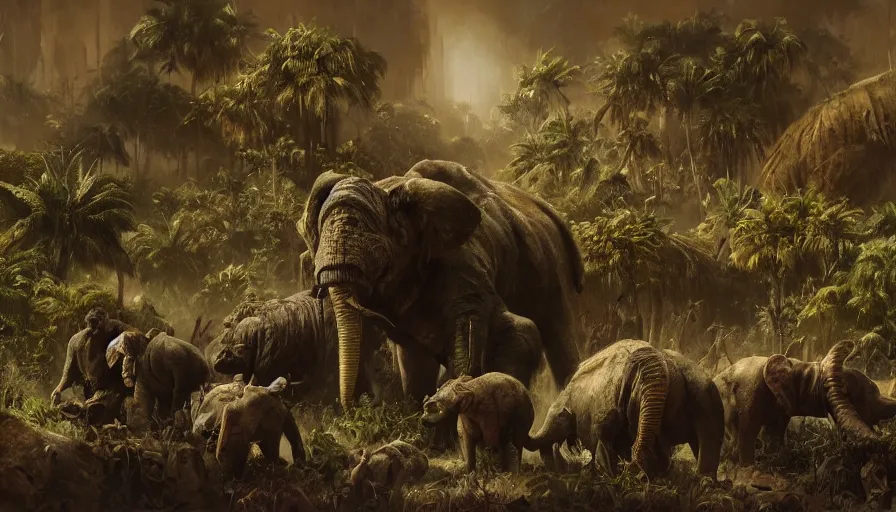 Image similar to craig mullins illustration of the dark continent, jungle wilderness filled with megafauna, colorful highly detailed, award winning, hyper realism, realistic shading, cinematic composition, dramatic lighting, colorful, detailed textures, photorealistic, wide shot