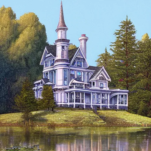 Prompt: Victorian mansion in rural Maine, a lake behind it, Michael Whelan, artstation, Darrell K Sweet, concept art