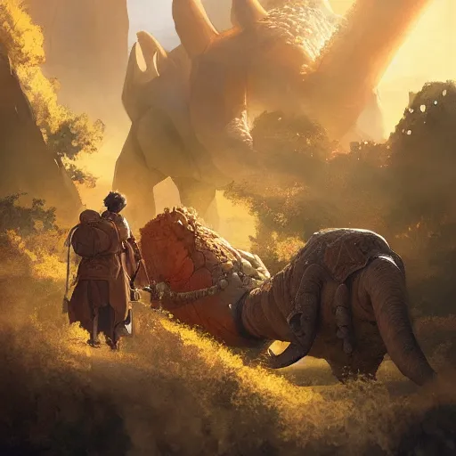 Image similar to ! dream the expedition with explores, warriors and adventurers, being brought by gigantic dinosaurs, the desert of duhnes medium shot, studio ghibli animation, anime key art by craig mullins, bloom, dramatic lighting