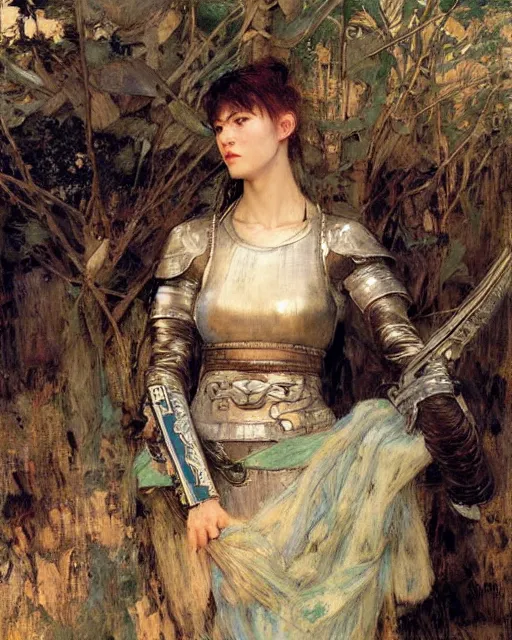 Image similar to a beautiful and strong female warrior by Edgar Maxence, Ross Tran and Jules Bastien-Lepage and Laura Sava