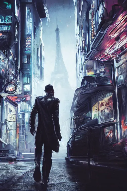 Image similar to in the foreground a Parisian street, in the background a dark-haired man from behind playing with swirls of black energy coming out of his hands wearing a long matrix-style jacket, realistic, high definition, many details, dramatic scene, detailed hands and realistic, symmetrical face, realistic eyes, cyberpunk art 2077