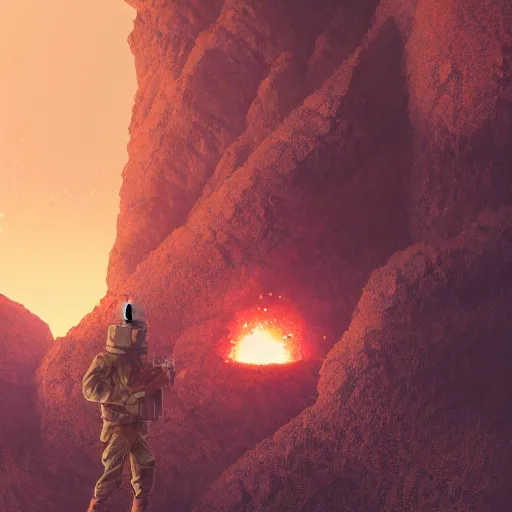 Prompt: A soldier with a gun climbing a mountain looking back while a granade explodes behind him, digital art, ultrasharp, 4k , illustration, artstation, made by Mike Winkelmann