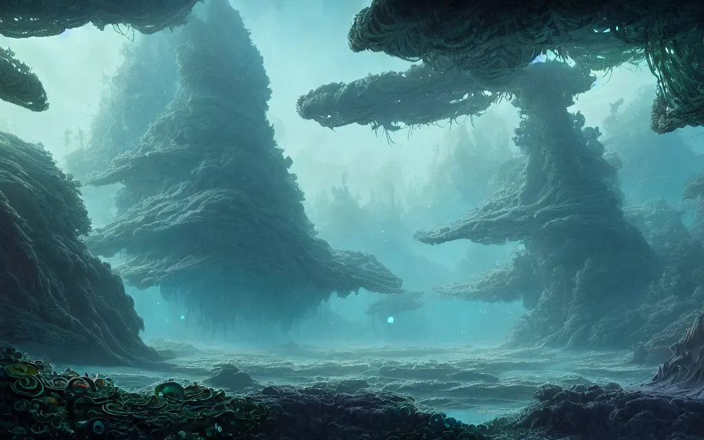 Prompt: a beautiful highly detailed matte painting of an underwater alien planet with giant dead and intricate trees with crystals made of jade in a desolate forest by Jose Daniel Cabrera Pena and Leonid Kozienko, Noah Bradley concept art
