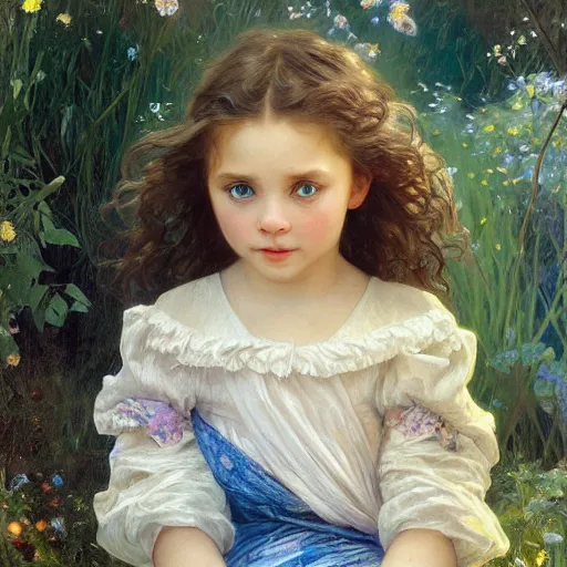 Image similar to a cute little girl with wavy light brown hair and blue eyes in a garden, beautiful highly detailed face, stunning painting by irakli nadar and greg rutkowski and alphonse mucha