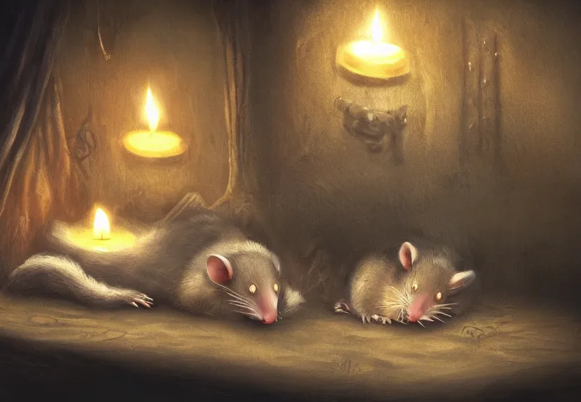 Prompt: cute possum sleeping on a bed in a medieval cluttered cottage at night under the dim light of a candle, dark fantasy, dreaming illusion, trending on artstation