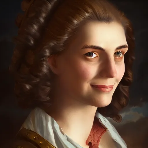 Image similar to smiling, beautiful, intelligent female pirate captain 3 5 years old, 1 9 4 0 s haircut, fully clothed, wise, beautiful, 1 7 5 0 s oil painting, dramatic lighting, trending on artstation, sharp focus