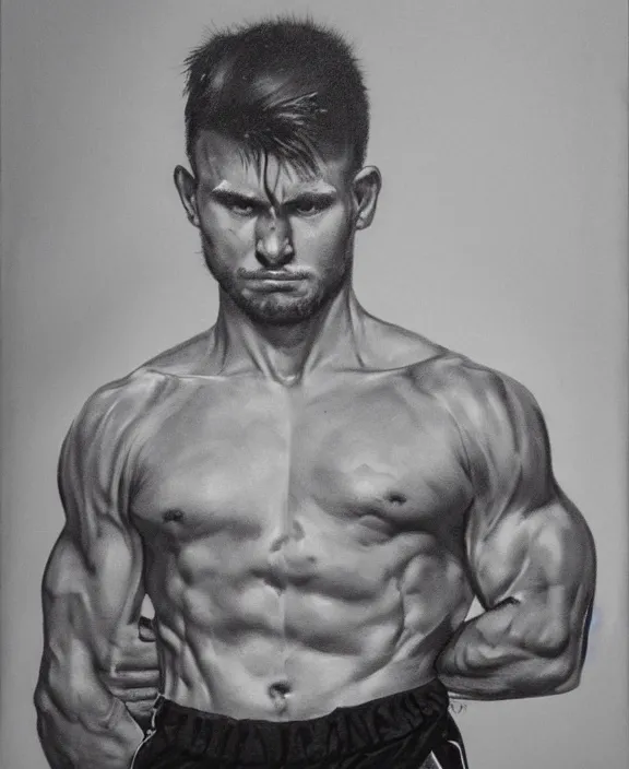 Image similar to portrait of a handsome young swedish wrestler, art by denys tsiperko and bogdan rezunenko, hyperrealism