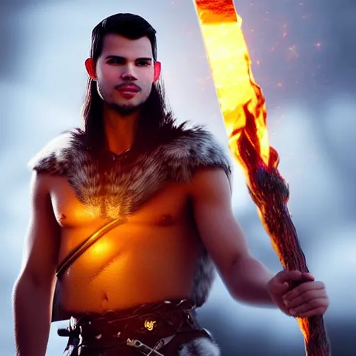 Prompt: Taylor Lautner wearing a barbarian tunic and viking helmet holding a glowing fire magical staff. Trending on Artstation, octane render, ultra detailed, art by Ross tran