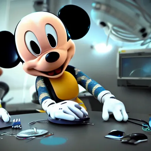 Prompt: a cybertronic mickey mouse being dissected by a group of network executives, on an operating table, octane render, beeple, cgstation, 3 d render, very detailed, mindblowing, blood and guts