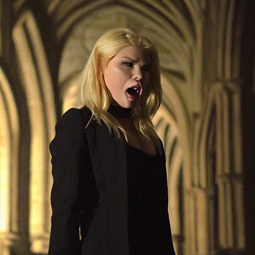 Prompt: elisha cuthbert as a vampire menacingly opening her mouth in a gloomy gothic cathedral at night