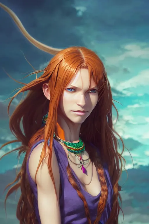 Prompt: long ginger hair, tanned woman in a prehistoric outfit, green eyes, fang necklace, by artgerm, hair tied in a ponytail, white backdrop, soft lighting, blue and purple colors, by greg rutkowski makoto shinkai takashi takeuchi