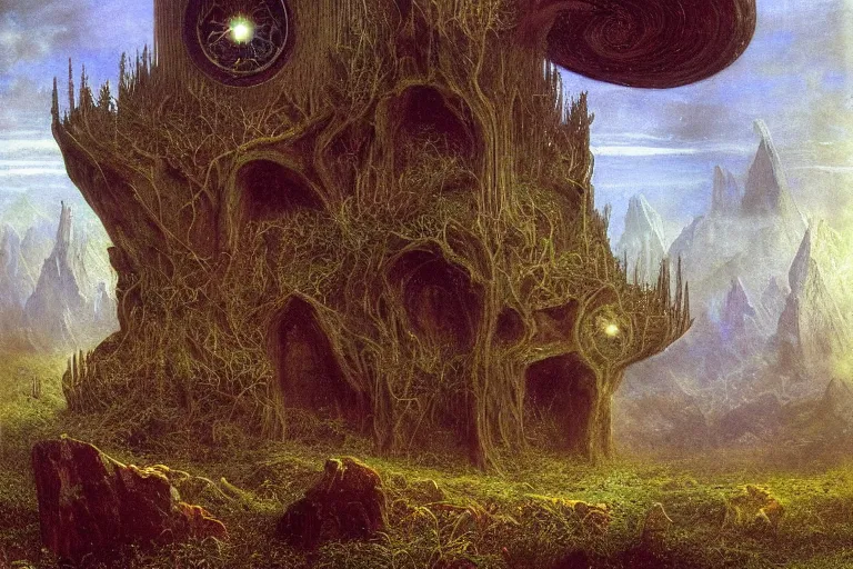 Image similar to neo - atlantean hyperborean overgrown steppe cybernetic cathedral by caspar friedrich, albert bierstadt, james gurney, brian froud