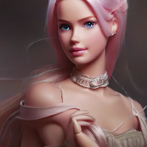 Prompt: a beautiful portrait of barbie in distress ; ultra realistic, concept art, intricate details, stunning model, highly detailed, photorealistic, octane render, 8 k, unreal engine. art by artgerm and greg rutkowski and charlie bowater and magali villeneuve and alphonse mucha