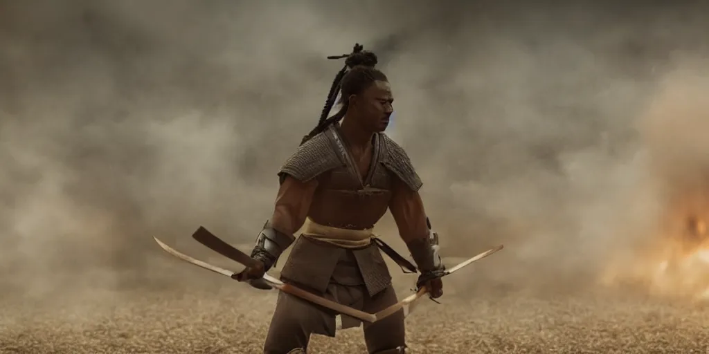 Image similar to a film still of a black man starring in a japanese blockbuster film as samurai on fire, shallow depth of field, cinematic, award winning cgi, vfx, film still