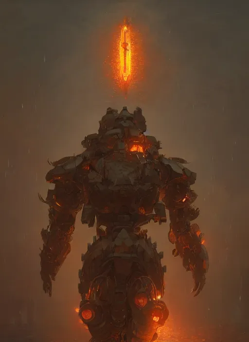 Image similar to a photorealistic dramatic hyperrealistic render of an armored fire golem by wlop, greg rutkowski, alphonse mucha, beautiful dynamic dramatic dark moody lighting, shadows, cinematic atmosphere, artstation, concept design art, octane render, 8 k