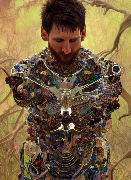 Image similar to lionel messi as a organic cyborg, diffuse lighting, fantasy, intricate, elegant, highly detailed, lifelike, photorealistic, digital painting, artstation, illustration, concept art, smooth, sharp focus, art by john collier and albert aublet and krenz cushart and artem demura and alphonse mucha