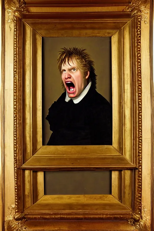 Image similar to a 1 6 0 0 s framed portrait painting of gary busey screaming, intricate, elegant, highly detailed