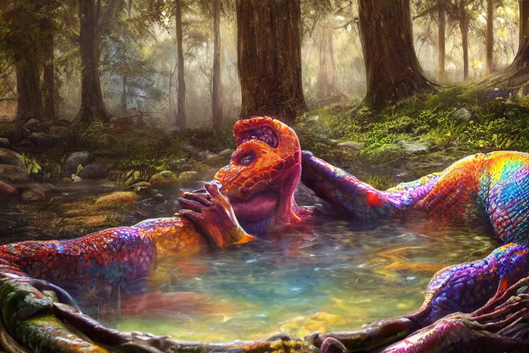 Prompt: highly detailed oil painting of a reptile man sitting in a steaming colorful hotspring with woodland forest backdrop, featured on artstation