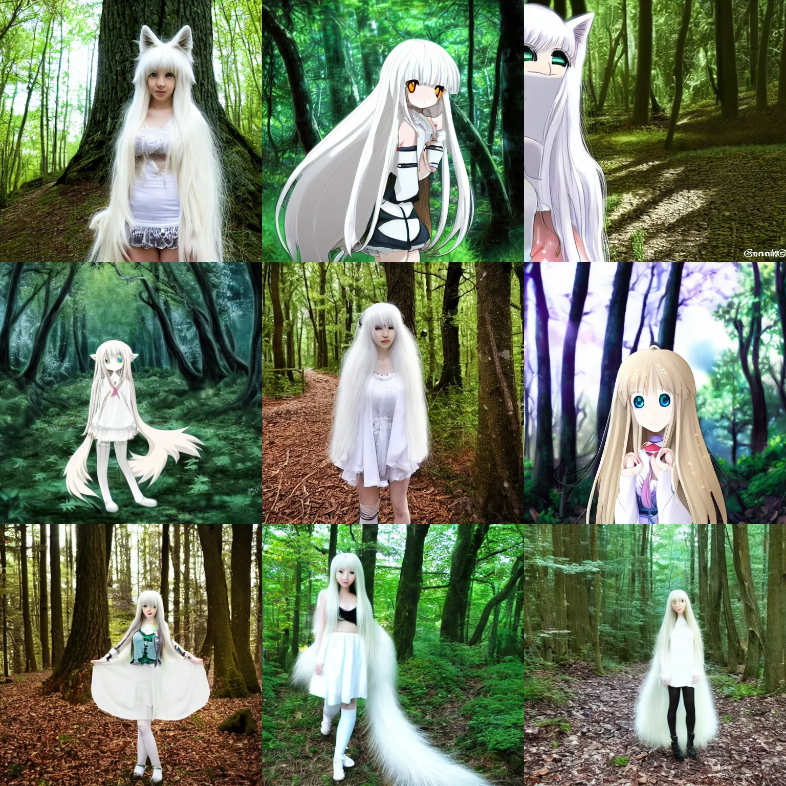 Prompt: a cute white long haired anime foxgirl in a forest