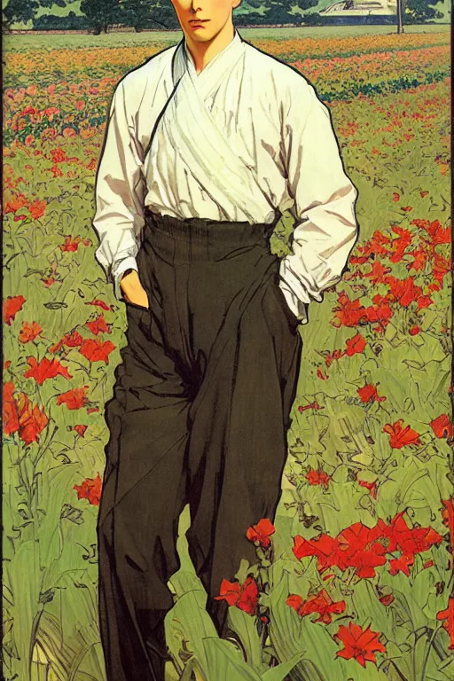 Image similar to attractive man in flower field, painting by j. c. leyendecker, yoji shinkawa, katayama bokuyo