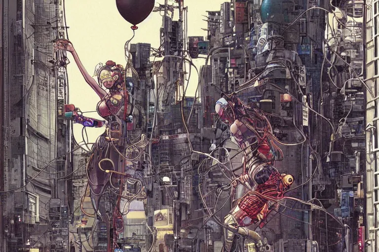 Image similar to an intricate, awe inspiring cyberpunk illustration of a girl with balloon, wires and cables coming out, by masamune shirow and katsuhiro otomo ((colorful))