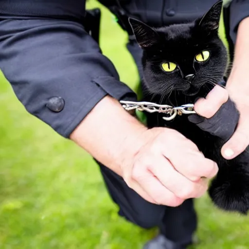 Prompt: A black cat being arrested by the police, with handcuffs being put on his paws