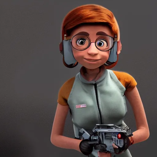 Image similar to a 3 d concept art of a armed sci - if girl by pixar studio.