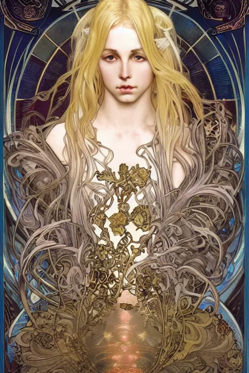 Prompt: realistic detailed face portrait of the Sun God Apollo with very very very light pale blond hair, long platinum blond hair bright gold, by Alphonse Mucha, Ayami Kojima, Amano, Charlie Bowater, Karol Bak, Greg Hildebrandt, Jean Delville, and Mark Brooks, Art Nouveau, Neo-Gothic, gothic, playing card suit spades, black spades, playing cards, rich deep moody colors