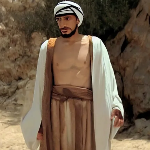 Image similar to 17 year old middle eastern skinned man in Biblical clothing standing. 10 foot tall man stands behind him. Cinematic, epic.