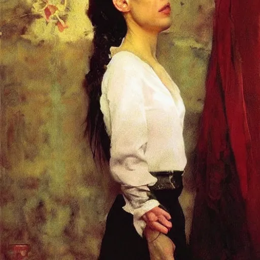 Image similar to a stunning masterful portrait of a confident spanish woman with messy hair and deep thinking eyes and traditional spanish clothes by andrew wyeth, john singer sargent, and norman rockwell, natural light, oil painting, ethereal, wong kar wai, strong brushwork