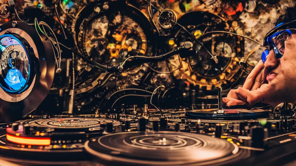 Prompt: a person wearing goggles and visor and headphones using a steampunk record player contraption, wires and tubes, turntablism dj scratching, intricate planetary gears, complex, cinematic, imax, sharp focus, iridescent, black light