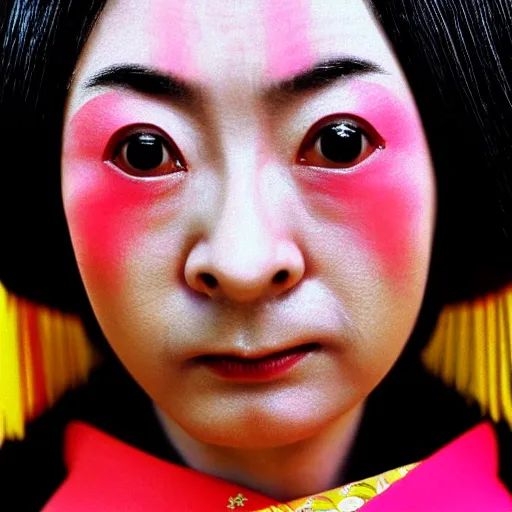 Image similar to rowan atkinson dressed as a traditional japanese woman, cinematic shot, dynamic lighting, close up, impressive winning photo, pastel colors