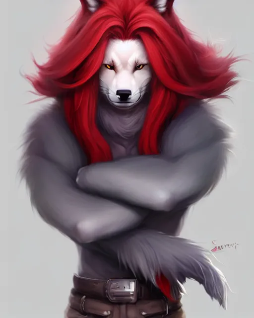 Image similar to character concept art of a dark grey anthropomorphic furry male wolf with long red hair | | cute - fine - face, pretty face, key visual, realistic shaded perfect face, fine details by stanley artgerm lau, wlop, rossdraws, james jean, andrei riabovitchev, marc simonetti, and sakimichan, artstation