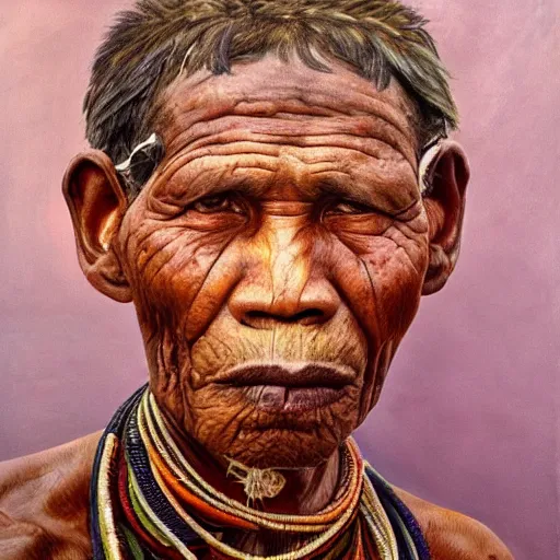 Image similar to high quality high detail painting by lucian freud, hd, full body of a indigenous tribe leader, muted pink color, photorealistic lighting