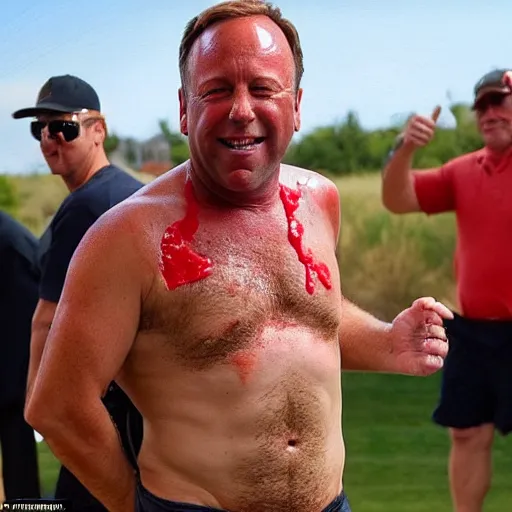 Prompt: alex jones shirtlesss completely slathered in ketchup, his facial expression looks orgasmic, he is rolling around in the dirt while old white men in polo shirts watch him excitedly pointing at him