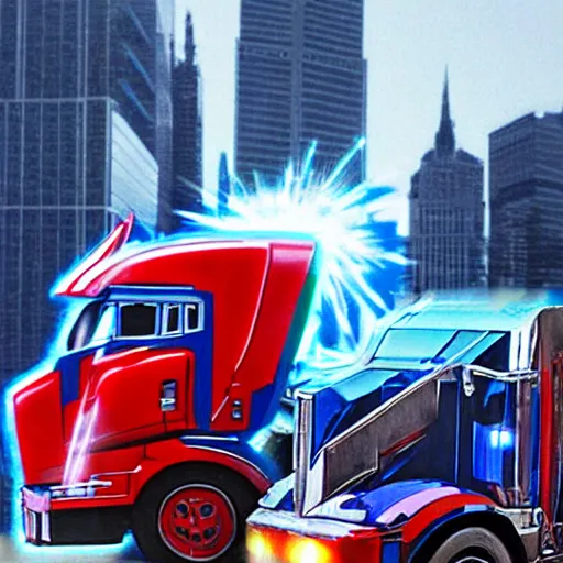 Prompt: optimus prime stuck in traffic and being overwhelmed,