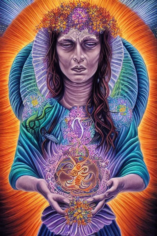 Image similar to goddess of souls holding beautiful flowers in her hands, epic, cinematic, by alex grey