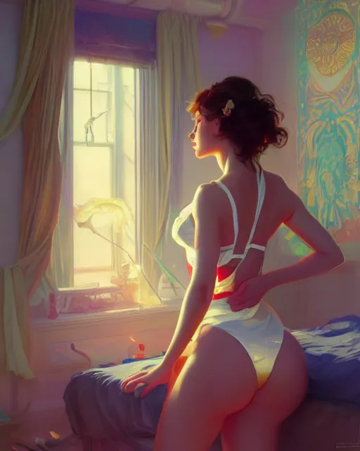 Image similar to emily rajtkowski, posing, vaporwave, bedroom, highly detailed, digital painting, artstation, concept art, smooth, sharp focus, illustration, art by artgerm and greg rutkowski and alphonse mucha