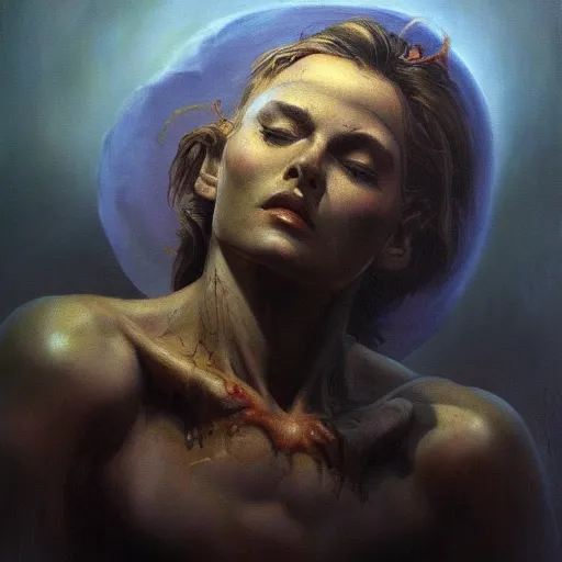 Prompt: ultra realistic medium shot head and shoulders masterpiece portrait painting of the a fallen angel, cosmic horror, artstation, art by frank frazetta, 4 k, ultra realistic, highly detailed, epic lighting